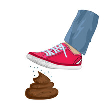 Man foot stepping into dog poop. People step on poo. Men foot with sneakers stepped on animal shit. Unpleasant surprise, unexpected problems, bad day or karma concept. Shit happens.Vector illustration