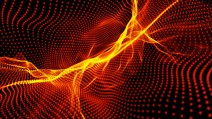 Leinwandbilder - Modern abstract orange, red and yellow curved lines with a dotted orange pattern on a black background. Template for cover, flyer or banner