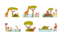 Cute Kids Visiting Zoo Set. Little Children With Their Parents Looking At Giraffe, Flamingo, Crocodile Animals Cartoon Vector Illustration