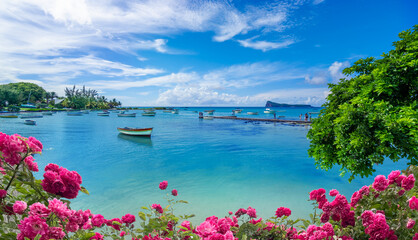 Wall Mural - Landscape view of the blue transparent sea and beach in the summertime in Mauritius