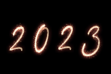 New Year 2023 sparklers isolated on black background greeting card