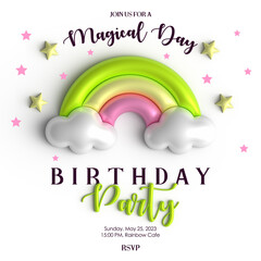 Birthday Party Invitation. Kids birthday party invitation card with cute rainbow and stars.