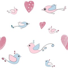 Naklejka na meble cute, delicate drawing of birds and hearts in pink and blue tones, an endless background for fashionable design of textile fabrics for babies and newborns? printing on textiles or web wallpapers