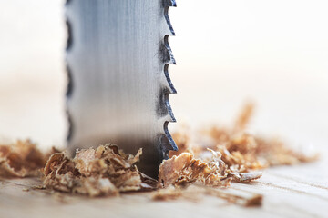 Wall Mural - metal band saw cut wood oaks plank with shavings.