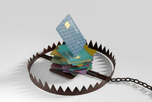 A Stack Of Credit Cards Placed In A Bear Trap. Illustration Of The Concept Of Credit Card Debt Trap Issues.