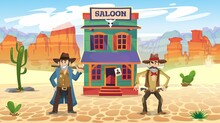 Two Cowboys In A Wild West Town Are Standing Before A Saloon Waiting For A Duel. Sheriff With A Shotgun And A Cowboy With Revolvers Near A Bar. Game Background. Cartoon Style Vector Illustration.