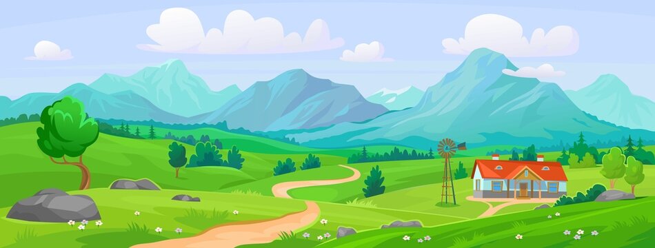 Wall Mural - Beautiful landscape view of a green mountain valley in summer. Green fields and meadows, a road and a house with a windmill. Blue sky over rocky mountains. Cartoon style vector background.
