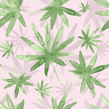 Green Palm Leaves, Tropical Watercolor Painting - Seamless Pattern On Pink Background