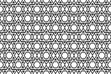Seamless Pattern Completely Filled With Outlines Of Star Of David Symbols. Elements Are Evenly Spaced. Vector Illustration On White Background