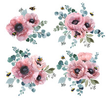 Watercolor Pink Flowers With Bumblebees On The White Background. Painting Stickers Drawn Butterfly. Holiday Greeting Card. Floral Background. Watercolor Flowers Green Collection. Element Ranunculus