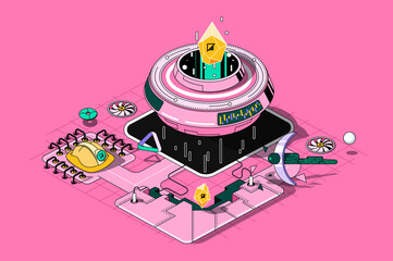 Fototapete - Cryptocurrency concept 3d isometric outline web design. Blockchain technology, mining bitcoins and crypto money on abstract mining farm. Vector web illustration with abstract line people composition