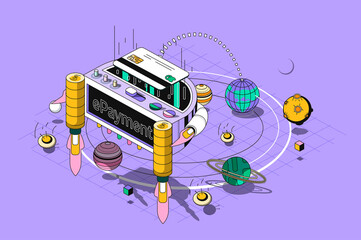 Fototapete - E-payment concept 3d isometric outline web design. Banking services for purchases paying with credit card using apps, online transfer. Vector web illustration with abstract line people composition