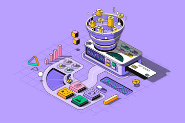 Poster - Sale funnel concept 3d isometric outline web design. Internet marketing tools for generation leads and sales and customer attracting. Vector web illustration with abstract line people composition