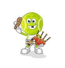 Tennis Ball Scottish With Bagpipes Vector. Cartoon Character