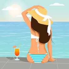 Beautiful Young Tanned Girl In A Hat And Swimsuit Sunbathes On The Beach Back View. Vector Illustration Of Summer Holidays.