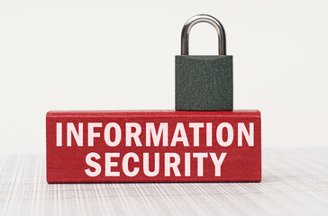 Poster - On the reports there is a red block with the inscription - Information Security and a lock.