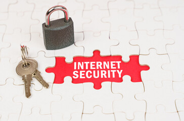 Poster - On puzzles there is a lock and keys, on a red surface there is an inscription - Internet security