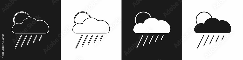 Set Cloud with rain and sun icon isolated on black and white background ...