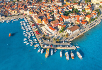 Wall Mural - Aerial view of beautiful old city, sea, boats and yachts