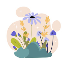 Spring Labels Concept. Several Purple Flowers And Mushrooms. Seasons, Nature And Plants. Floristics And Beautiful Forest Glade. Botany, Poster Or Banner For Website. Cartoon Flat Vector Illustration