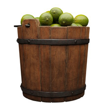 Limes, Wooden Bucket Filled With Juicy Citrus Fruits Isolated On White Background