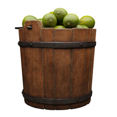 limes, wooden bucket filled with juicy citrus fruits isolated on white background