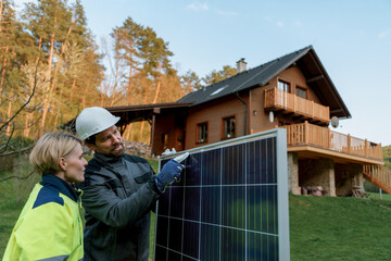 Wall Mural - Man and woman solar installers carrying solar module while installing solar panel system on house.