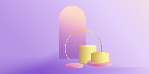 Poster - product podium in pastel colors with a minimalist style. trendy background with an empty podium to display cosmetic products. feminine 3D objects in a clean and simple wallpaper design
