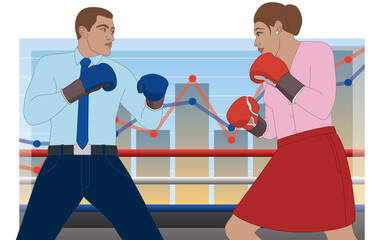 Wall Mural - businessman and businesswoman wearing boxing gloves boxing in a match with line and bar graphs in background