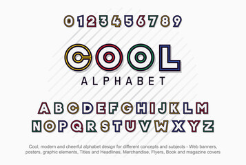 Wall Mural - Cool Alphabet. Modern typeface font effect in bold and different colors for cheerful and fun concepts. Full set of numbers and letters