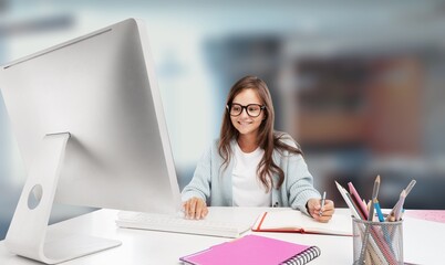 Canvas Print - Businesswoman Using laptop computer and working at office, doing planning analyzing the financial report, business plan investment, finance analysis concept.