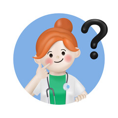 3d illustration cartoon cute doctor woman character with question mark symbol. 3d vector cartoon people design.