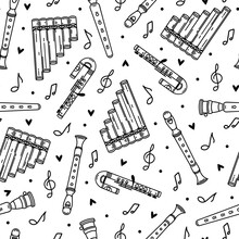 Flute Seamless Vector Pattern. Hand Drawn Wooden Or Metal Musical Instrument. Block Flute, Pan Pipe, Duduk, Piccolo. Device For Classical, Folk, Popular Music. Background With Notes, Equipment