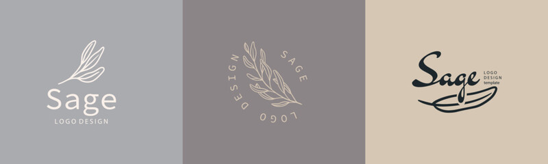 Poster - Sage plant badges and logo. minimalist branding labels for tag with isolated common sage  leaves. Vintage hand drawn natural sign for tag product in simple rustic design.