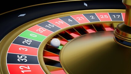 Wall Mural - A white ball stopped at the number zero on a gold and black roulette wheel, 3d rendering