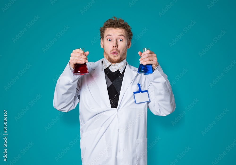 Crazy chemist after laboratory explosion. Mad wacky lab worker after ...