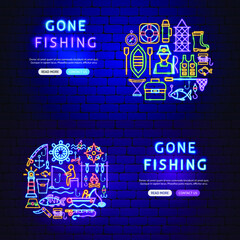 Wall Mural - Fishing Neon Banners. Vector Illustration of Fish Promotion.