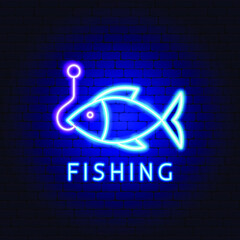 Wall Mural - Fishing Neon Label. Vector Illustration of Fish Promotion.