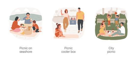 Wall Mural - Picnic time isolated cartoon vector illustration set. Happy family members sitting on blanket on sand, seaside picnic, people carry cooler box with cold drinks, lunch in urban park vector cartoon.