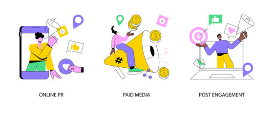 Poster - digital pr service abstract concept vector illustration set. online pr, paid media, post engagement,