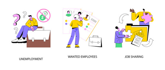 Poster - Job search abstract concept vector illustration set. Unemployment, wanted employees, job sharing, we are hiring, open vacancies, work schedule, join our team, responsibility abstract metaphor.