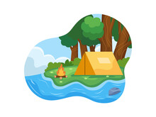 Vector Illustration Camping On The Nature Forest Near The River With Tend And Bonfire.
Cartoon Tourist Camp With Tent Among Forest And Near River.
Suitable For Web, Landing Page, Print, Book, Etc