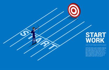 Poster - Businessman in suit shoot the arrow from start line. Concept of start business and ready to shoot.