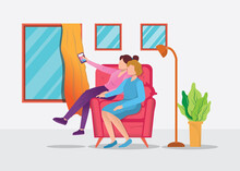 Daughter And Mother Taking Photo Together At Home, Flat Cartoon Illustration Style, Selfie Icon