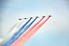 A Group Of Su-25 "Grach" Attack Aircraft Smoke The Colors Of The Russian Flag In The Sky Over Red Square During The Dress Rehearsal Of The Victory Parade In The Great Patriotic War