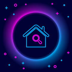 Wall Mural - Glowing neon line Search house icon isolated on black background. Real estate symbol of a house under magnifying glass. Colorful outline concept. Vector