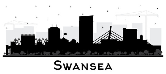 Fototapete - Swansea Wales City Skyline Silhouette with Black Buildings Isolated on White.
