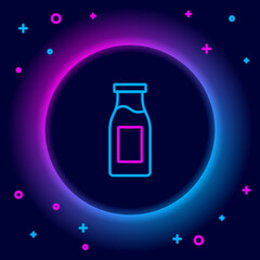 Wall Mural - Glowing neon line Closed glass bottle with milk icon isolated on black background. Colorful outline concept. Vector