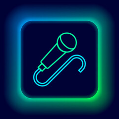 Poster - Glowing neon line Microphone icon isolated on black background. On air radio mic microphone. Speaker sign. Colorful outline concept. Vector