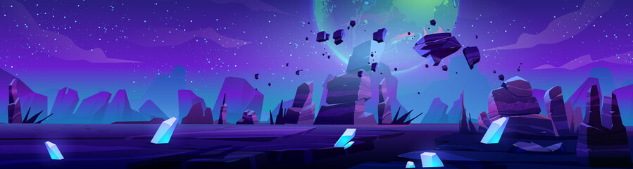 Poster - fantasy alien planet landscape, space game background, dessert cracked ground surface with blue cris